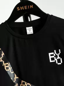 SHEIN Tween Boy Bag & Letter Graphic Tee & Drawstring Waist Shorts - Black - View 3