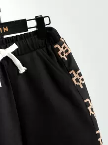 SHEIN Tween Boy Bag & Letter Graphic Tee & Drawstring Waist Shorts - Black - View 4