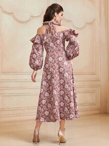 Modelyn 1pc Floral Print Cold Shoulder Ruffle Trim Dress - Multicolor - View 2
