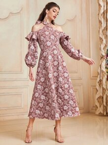Modelyn 1pc Floral Print Cold Shoulder Ruffle Trim Dress - Multicolor - View 5