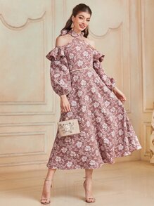 Modelyn 1pc Floral Print Cold Shoulder Ruffle Trim Dress - Multicolor - View 6