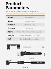 WEST BIKING 1set Portable Outdoor Bicycle Pump - Black - View 5