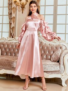 Modelyn 1 cái dây trễ vai Ruffle Trim Satin Dress - Màu Hồng baby - Xem 4