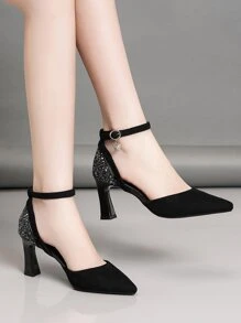 秋冬女士珠光露跟高跟鞋，时尚舒适百搭，优雅派对风。 - 黑色 - 查看 2