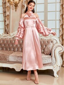 Modelyn 1 cái dây trễ vai Ruffle Trim Satin Dress - Màu Hồng baby - Xem 6