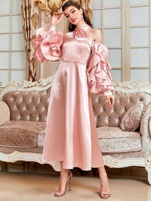 Modelyn 1 cái dây trễ vai Ruffle Trim Satin Dress - Màu Hồng baby - Xem 7