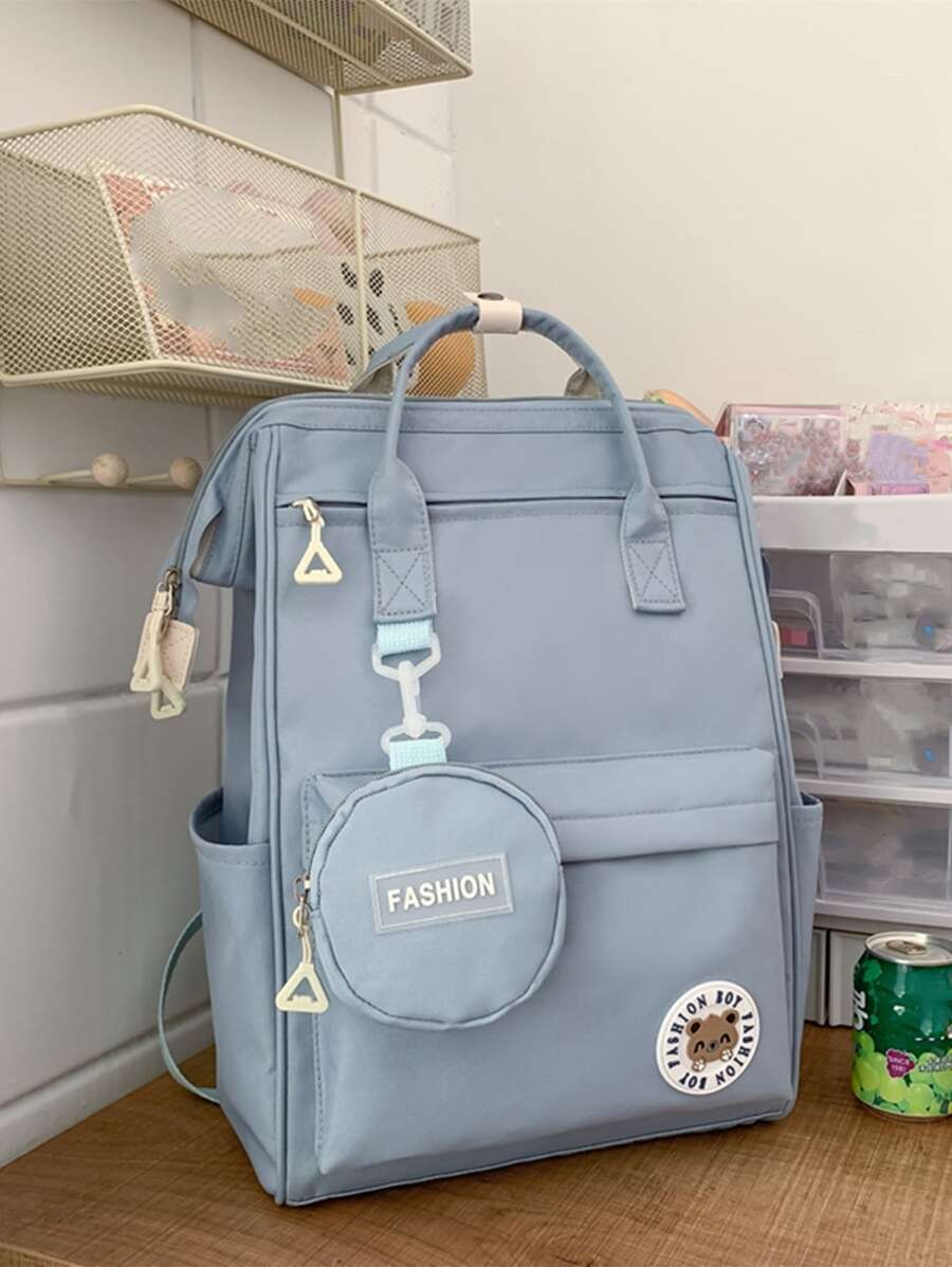 貼片細節經典背包帶零錢包書包適合畢業生、青少年女孩、新生、大二、初中和高中學生、大學和高中，非常適合戶外、旅行和返校 - 藍色 - 查看 1