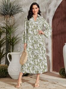 Al Najma Allover Print Flounce Sleeve Dress, Modest - Green - View 1