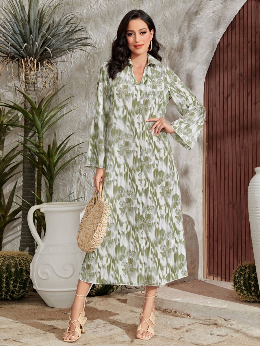 Al Najma Allover Print Flounce Sleeve Dress, Modest - Green - View 1