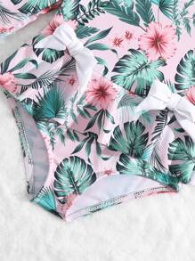 SHEIN Traje De Baño De Una Pieza De Niña Bebé Con Estampado Tropical, Dobladillo Con Volantes Y Cierre De Cremallera Trasera, Con Gorro De Natación - Multicolor - Ver 4