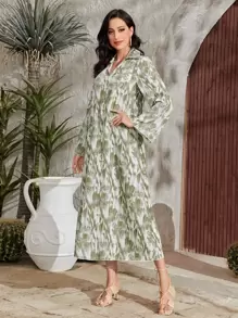 Al Najma Allover Print Flounce Sleeve Dress, Modest - Green - View 3