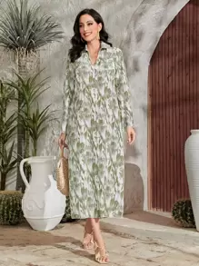 Al Najma Allover Print Flounce Sleeve Dress, Modest - Green - View 4