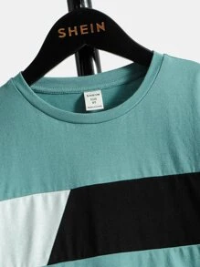 SHEIN Chicos Camiseta de hombros caídos de color combinado - verde menta - Ver 3