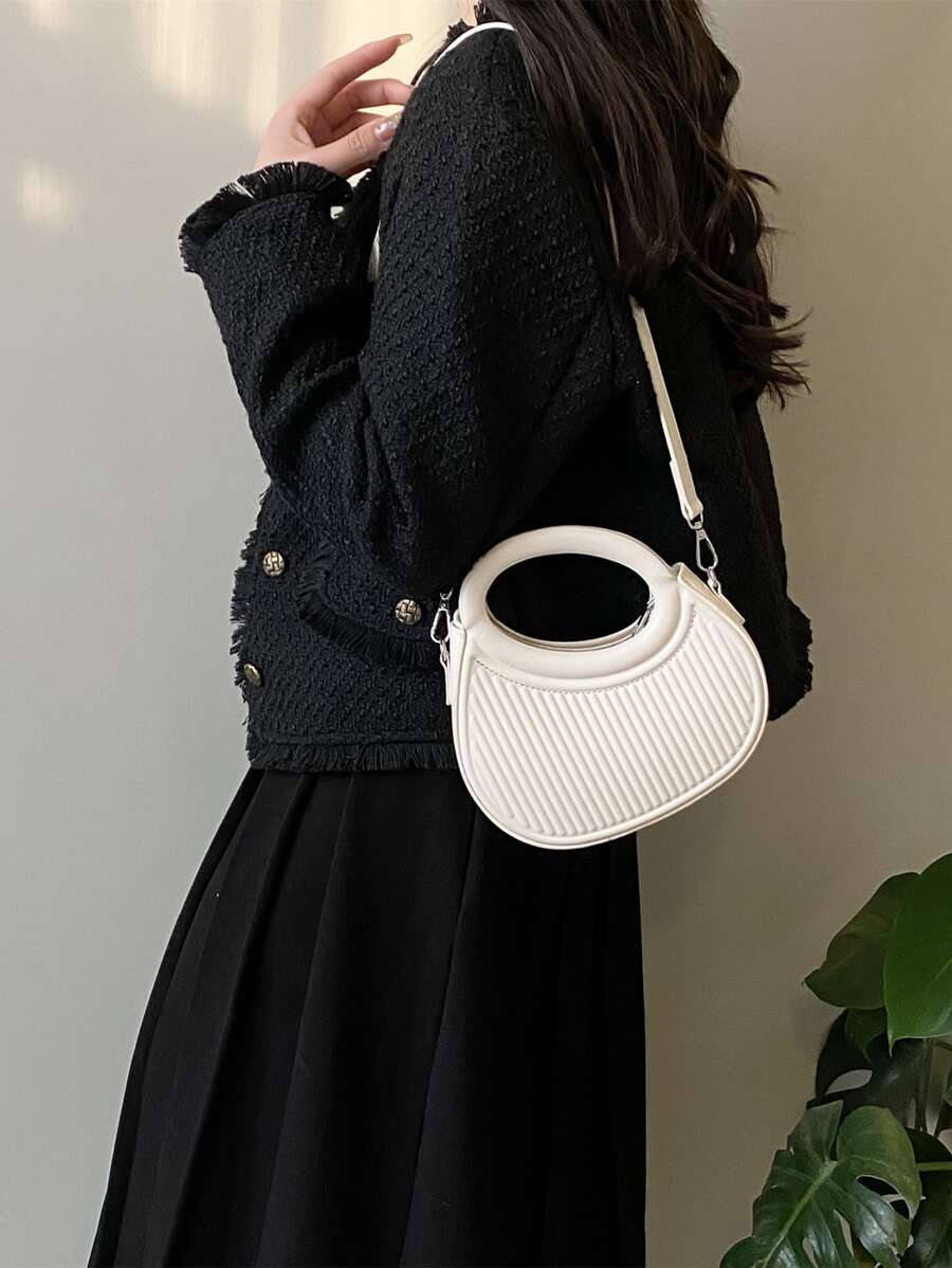 Textured Double Handle Satchel Bag - White - View 1