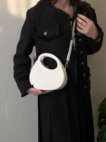 Textured Double Handle Satchel Bag - White - View 4