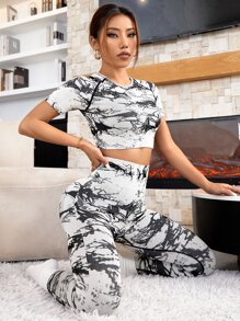 Yoga Trendy 無縫紮染運動套裝 - 黑與白 - 查看 5