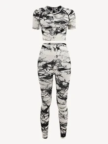 Yoga Trendy 無縫紮染運動套裝 - 黑與白 - 查看 8