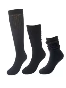 1双女士中筒/及膝宽松袜，纯色保暖袜，舒适 - 黑色 - 查看 6