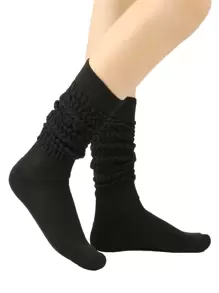 1双女士中筒/及膝宽松袜，纯色保暖袜，舒适 - 黑色 - 查看 2