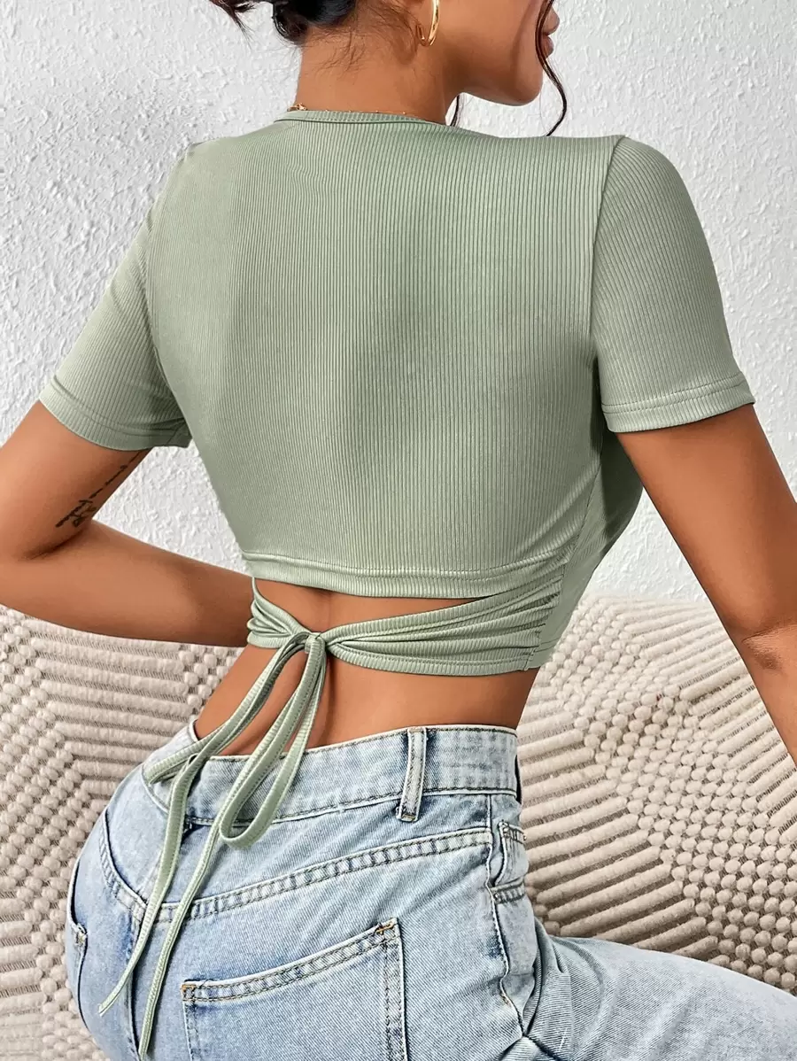 SHEIN Frenchy Tie Back Crop Tee - Green - View 1