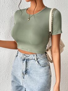 SHEIN Frenchy Tie Back Crop Tee - Green - View 5