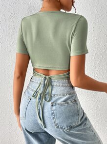SHEIN Frenchy Tie Back Crop Tee - Green - View 6