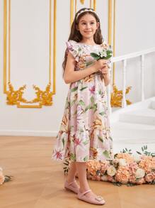 SHEIN Chicas Vestido con estampado floral a capas ribete bajo con fruncido - Multicolor - Ver 4