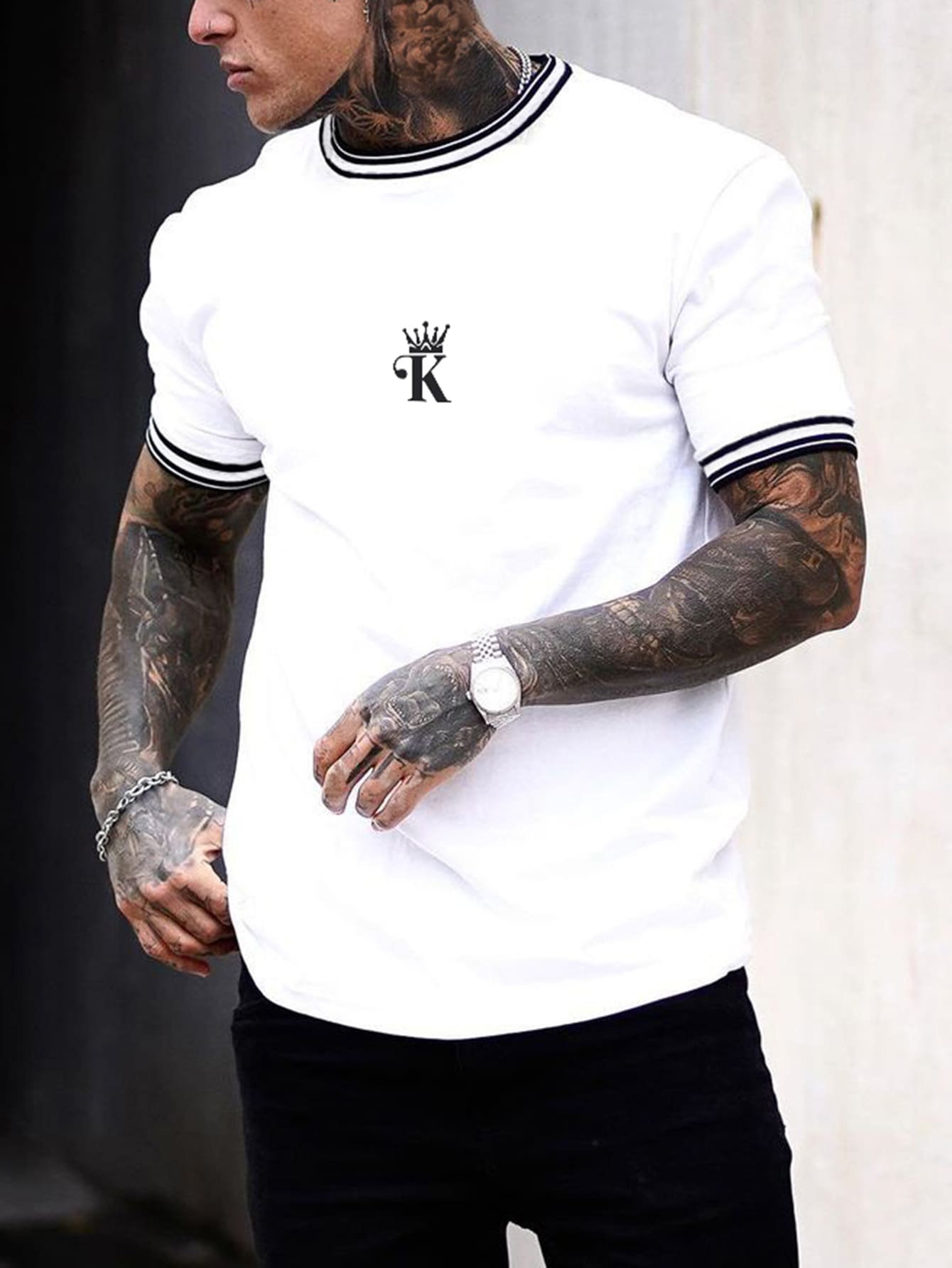 Manfinity Homme 男士皇冠和字母图案短袖 T 恤，适合外出、送给朋友 - 白色 - 查看 1