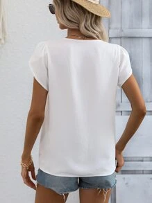 SHEIN VCAY 拼接水溶蕾絲花瓣袖襯衫 - 白色 - 查看 2