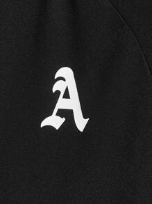 GENTILAND Men Letter Graphic Contrast Side Seam Raglan Sleeve Tee & Drawstring Waist Shorts - Black - View 3