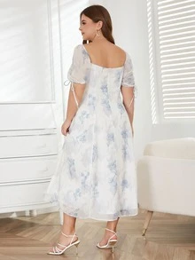 Kleid mit Blume Muster, Rüschenbesatz, Puffärmeln - Weiss - Übersicht 2