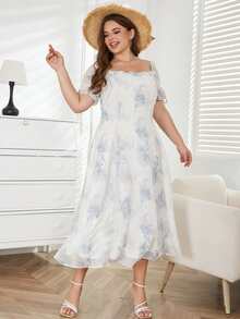 Kleid mit Blume Muster, Rüschenbesatz, Puffärmeln - Weiss - Übersicht 4