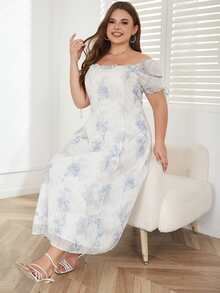 Kleid mit Blume Muster, Rüschenbesatz, Puffärmeln - Weiss - Übersicht 6