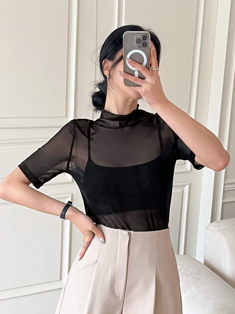 DAZY 小高領透視網紗上衣不附吊帶上衣 - 黑色 - 查看 1