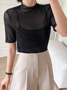 DAZY 小高領透視網紗上衣不附吊帶上衣 - 黑色 - 查看 2