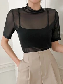 DAZY 小高領透視網紗上衣不附吊帶上衣 - 黑色 - 查看 3