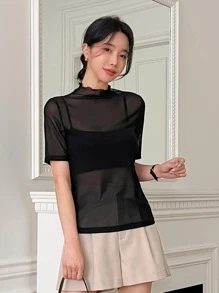 DAZY 小高領透視網紗上衣不附吊帶上衣 - 黑色 - 查看 6