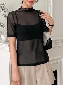 DAZY 小高領透視網紗上衣不附吊帶上衣 - 黑色 - 查看 4