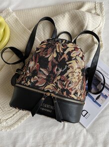 Floral & Letter Graphic Classic Backpack - Brown - View 1