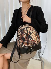 Floral & Letter Graphic Classic Backpack - Brown - View 2