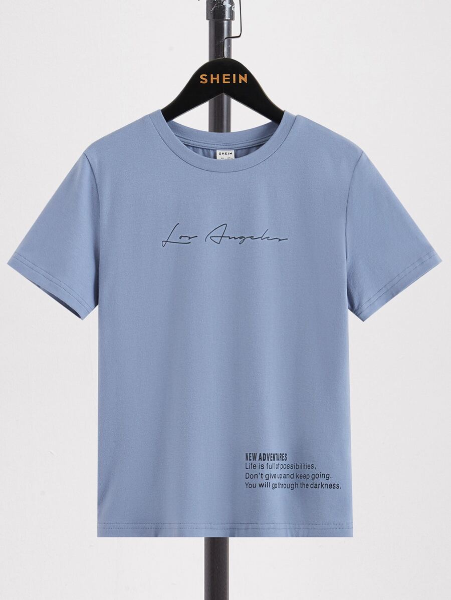 SHEIN Tween Boy Slogan Graphic Tee - Dusty Blue - View 1