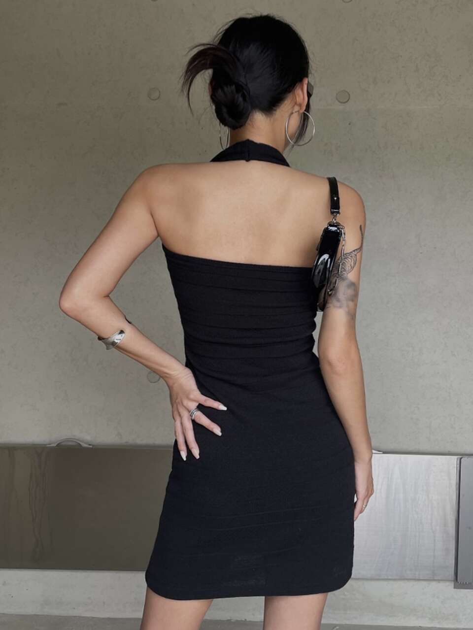 Solid Halter Neck Backless Sweater Dress