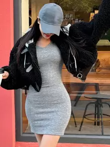 DAZY Đầm bodycon trơn, Đầm suông, Đầm ngắn, Đầm thường ngày cho nữ - Xám - Xem 6