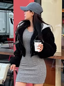 DAZY Đầm bodycon trơn, Đầm suông, Đầm ngắn, Đầm thường ngày cho nữ - Xám - Xem 7