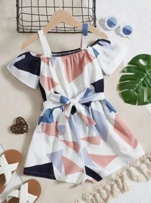 SHEIN Girls Geo Print Cold Shoulder Belted Romper - Multicolor - View 1