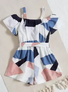 SHEIN Girls Geo Print Cold Shoulder Belted Romper - Multicolor - View 2
