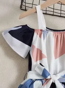 SHEIN Girls Geo Print Cold Shoulder Belted Romper - Multicolor - View 3