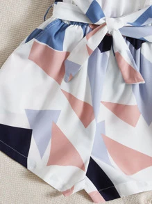 SHEIN Girls Geo Print Cold Shoulder Belted Romper - Multicolor - View 4