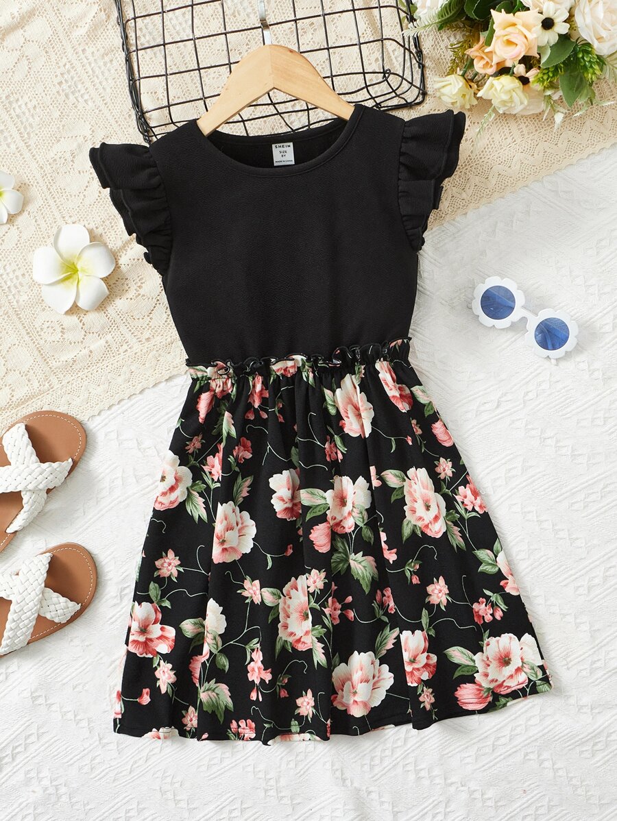 SHEIN 女孩印花荷葉邊洋裝