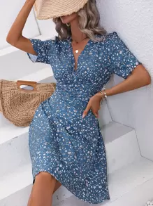 SHEIN VCAY All Over Floral Print Puff Sleeve Dress - Blue - View 3